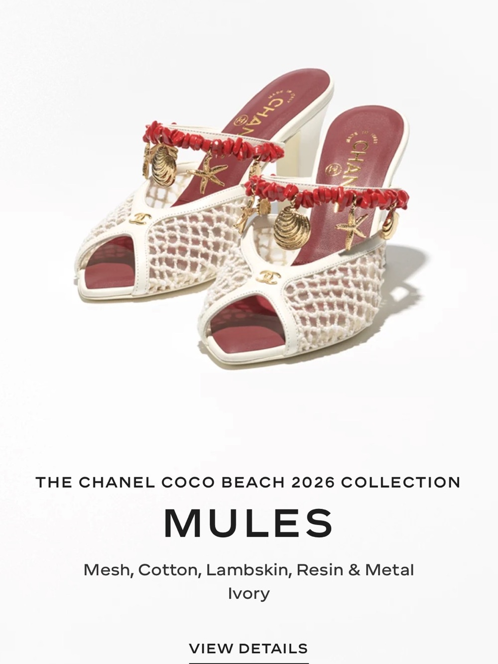 CHANEL Ivory Mesh Mules with Red Trim & Gold Shell Charms